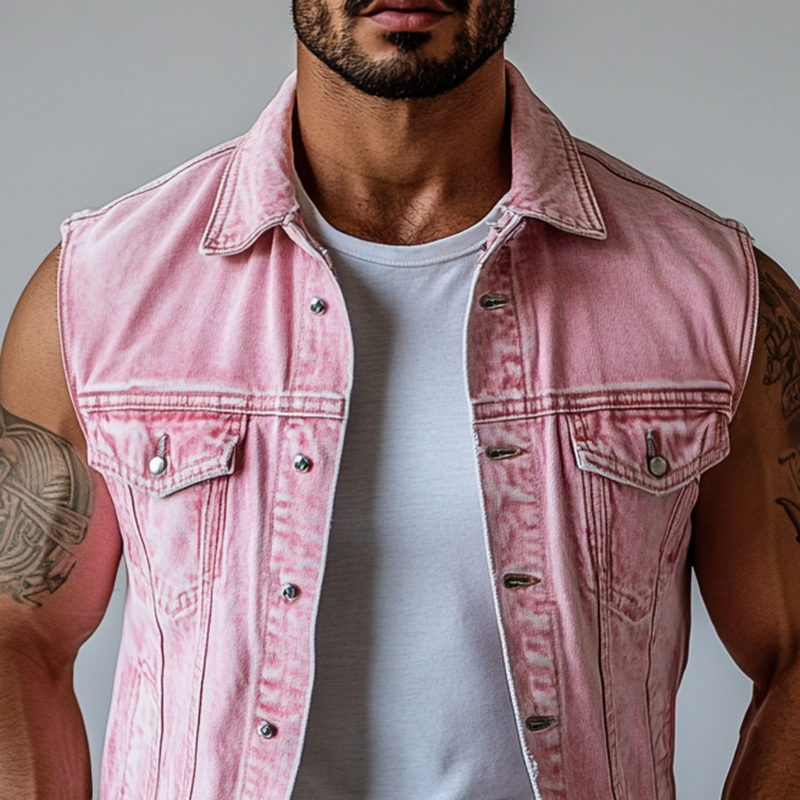 Herrevest med ermeløs krage og enkeltspent, vasket denim MTA1344F1Y