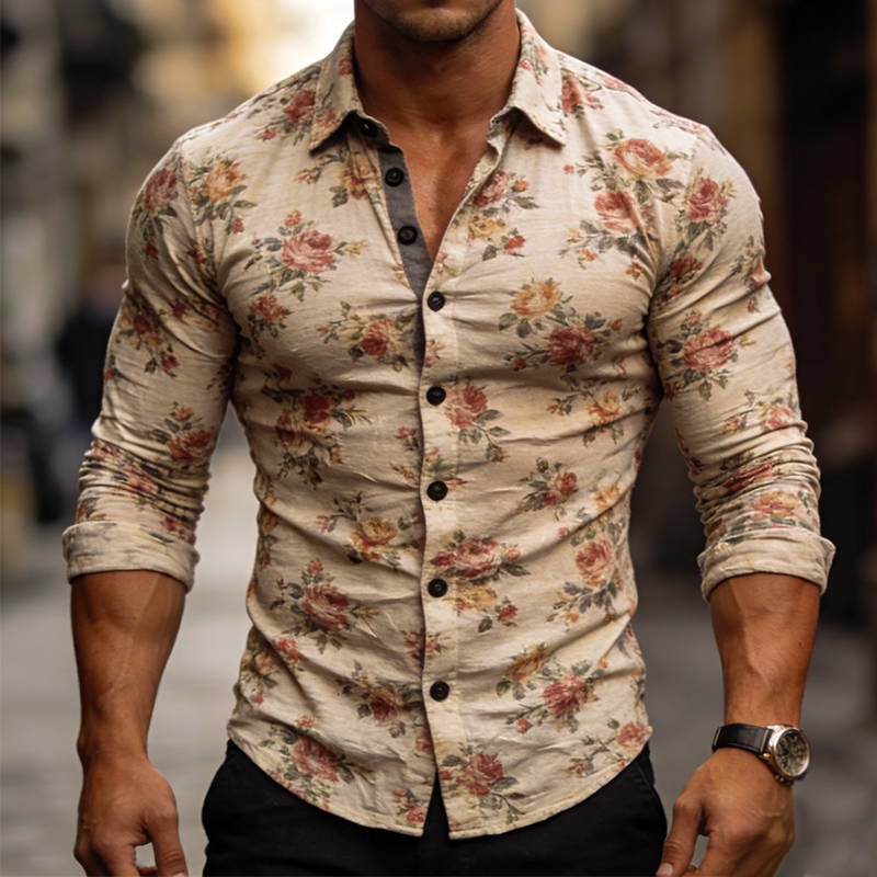 Men's Retro Casual Floral Print Stretch Lapel Long Sleeve Shirt MTA2301L1TO