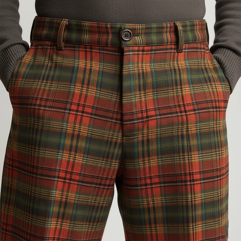 Men's Retro Christmas Style Plaid Print Cotton Blend Trousers MTA0159K6P