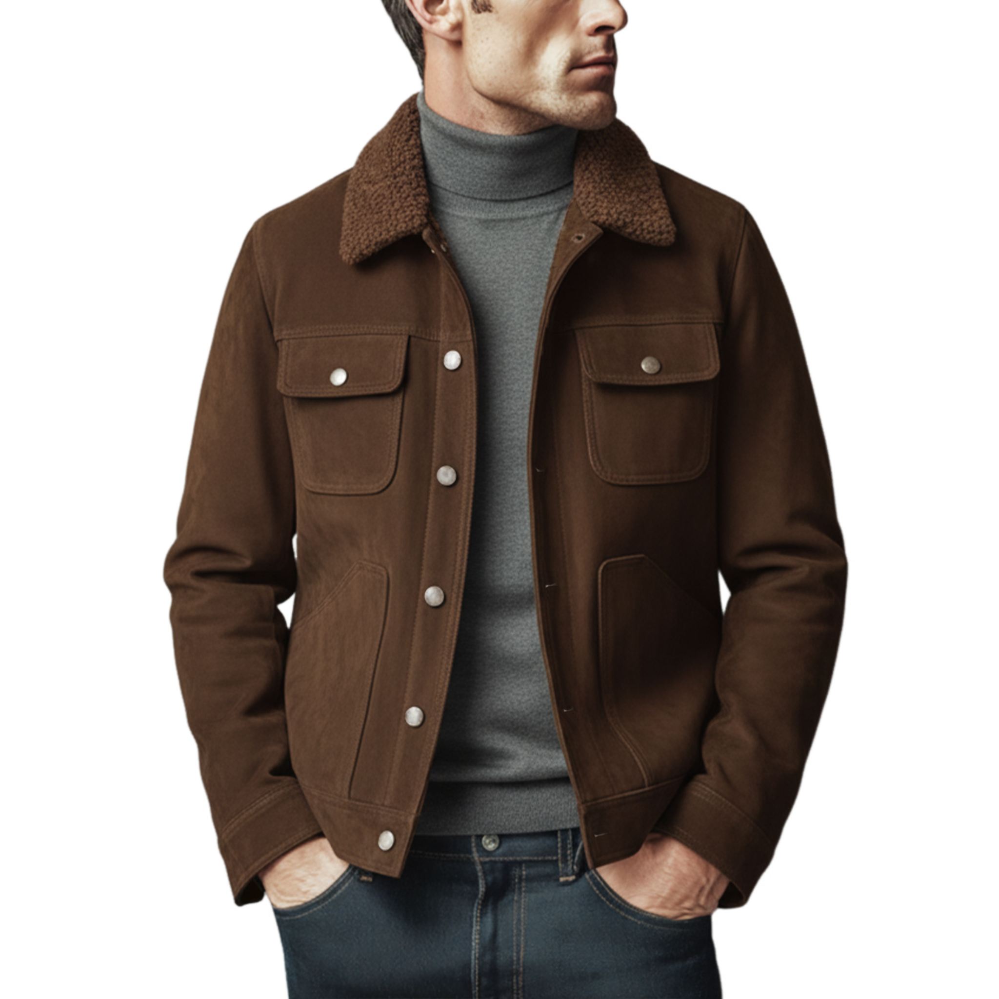 Men's Classic Light Business Fleece Collar Multi-Pocket Faux Suede Jacket MTA0136K8K