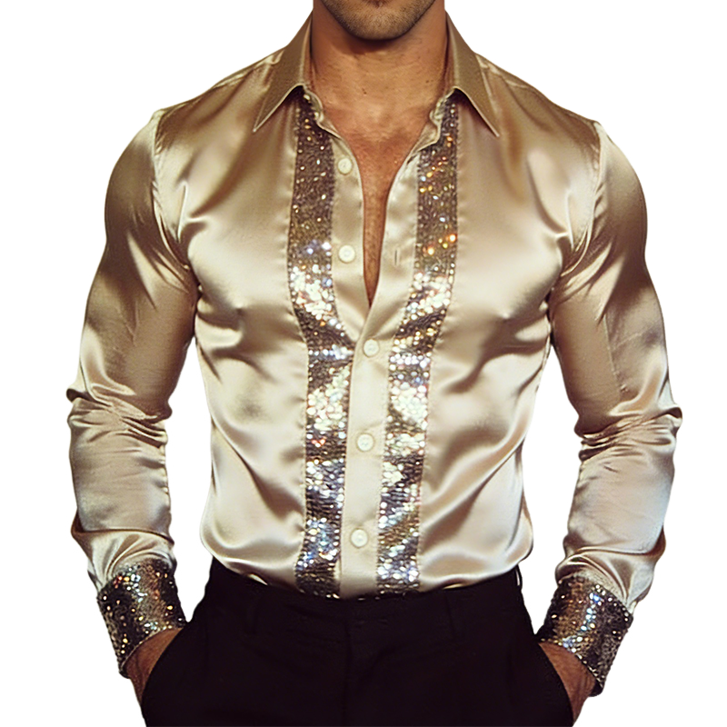 Men's Retro Casual Satin Sequin Patchwork Lapel Long-Sleeve Shirt MTA1729L6TO, Champagne Gold / XL