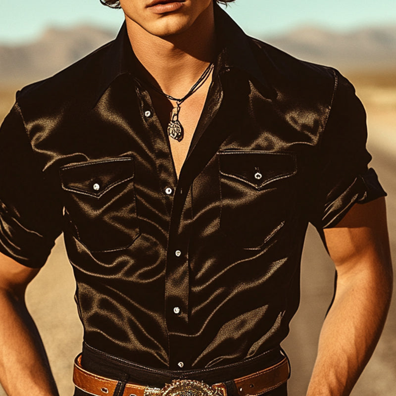 Men's Retro Solid Color Glossy Short Sleeve Lapel Shirt MTA1538E8X