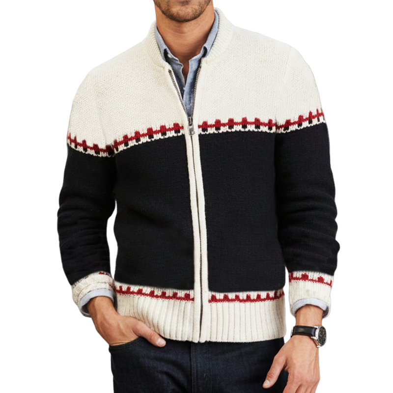 Men's Retro Colorblock Zipper Slim Fit Knit Cardigan MTA0962J4U