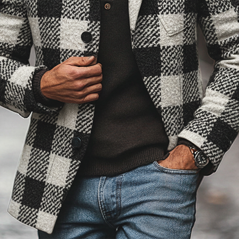 Men's Casual Plaid Blend Lapel Mid-length Coat MTA2998I8X