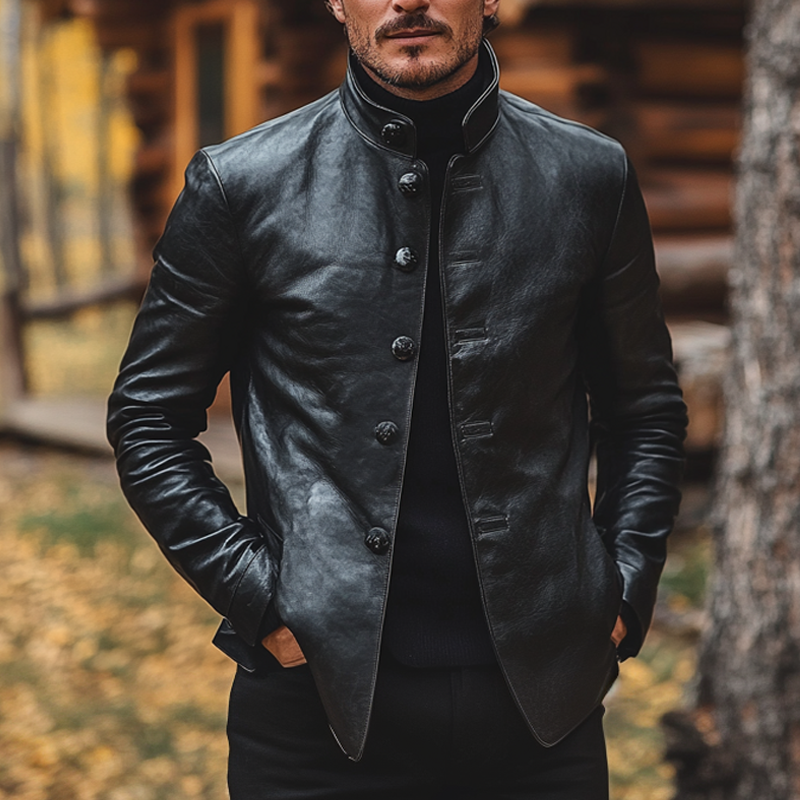 Men's Slim-fit Stand-up Collar Solid Color PU Button Jacket MTA2381J3X