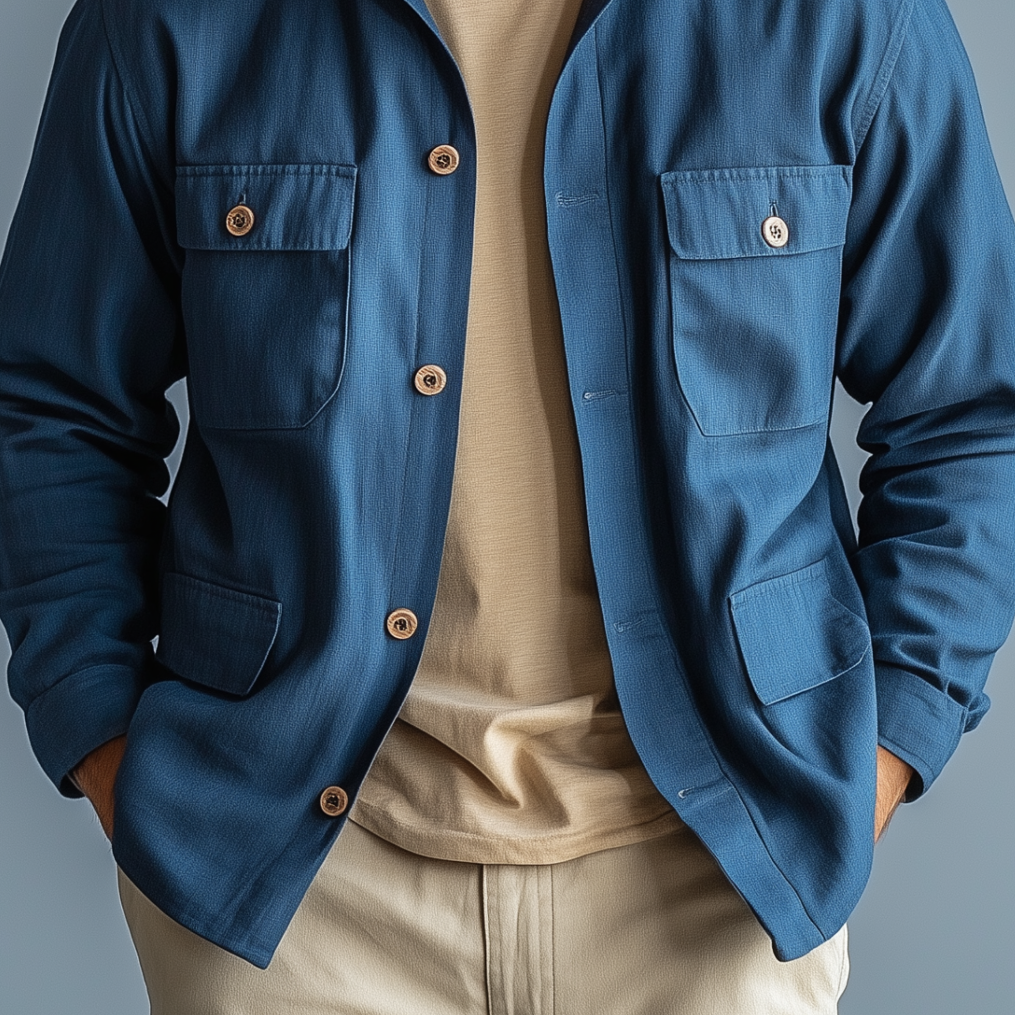 Men's Classic Casual Cotton And Linen Blend Lapel Multi-pocket Long-sleeved Shirt-style Thin Jacket MTA2461G4K