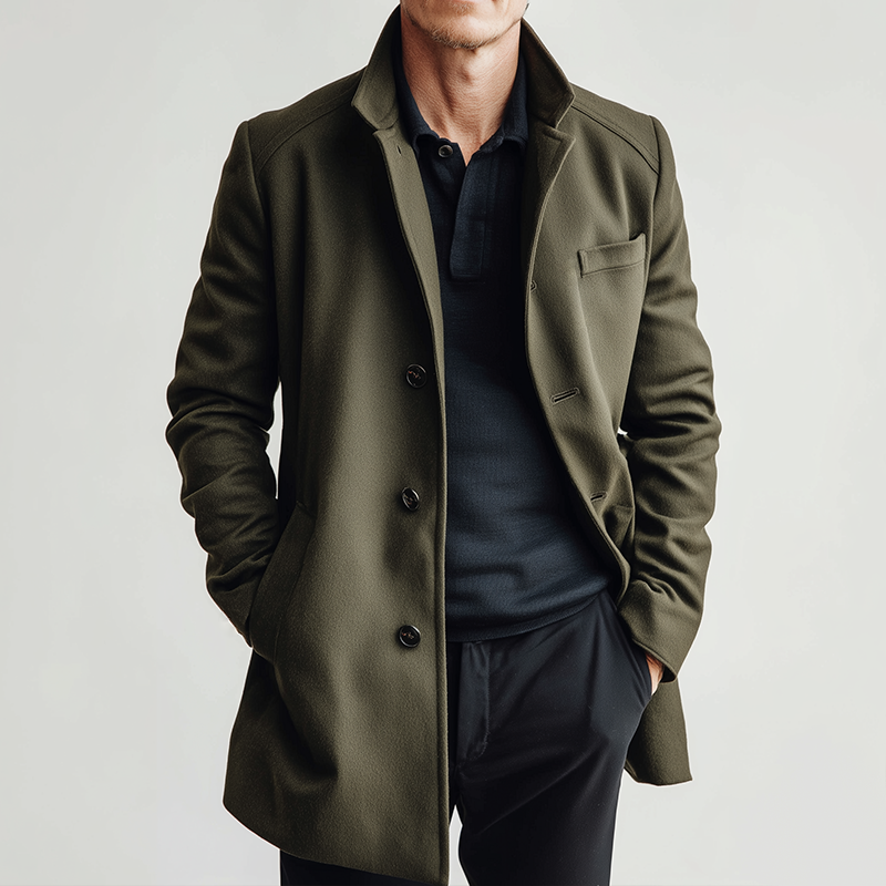 Men's Retro Casual Solid Color Mid-Length Button Stand Collar Coat MTA2425I4TO