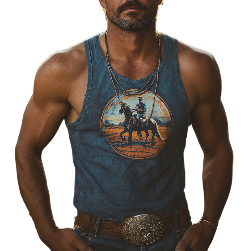 Men's Western Cowboy Style Printed Crew Neck Tank Top MTA2828D4U