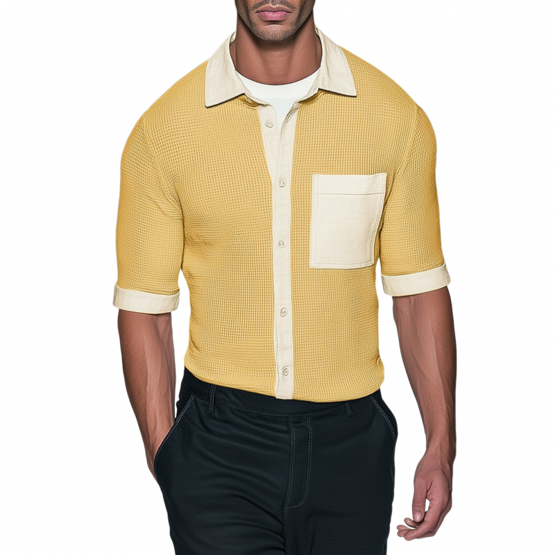 Men's Casual Waffle Contrast Color Patchwork Lapel Patch Pocket Slim Fit Mid-length Sleeve Shirt MTA1538G8M