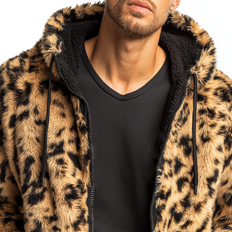 Men's Retro Casual Leopard Print Plush Warm Hooded Zipper Jacket MTA2359I8TO