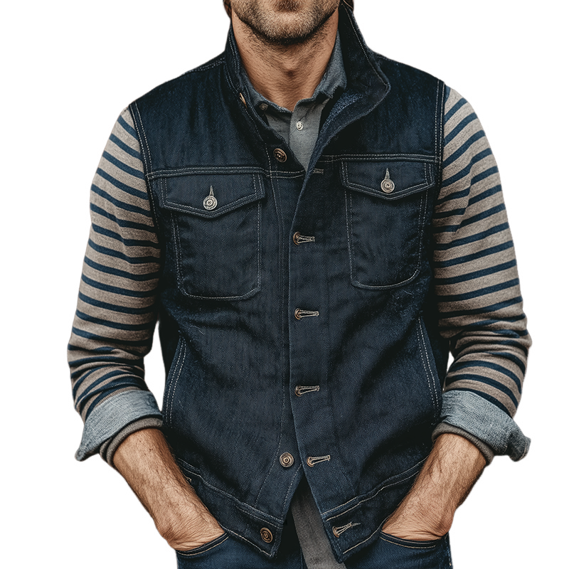 Men's Retro Casual Lapel Denim Washed Vest MTA2749K8TO