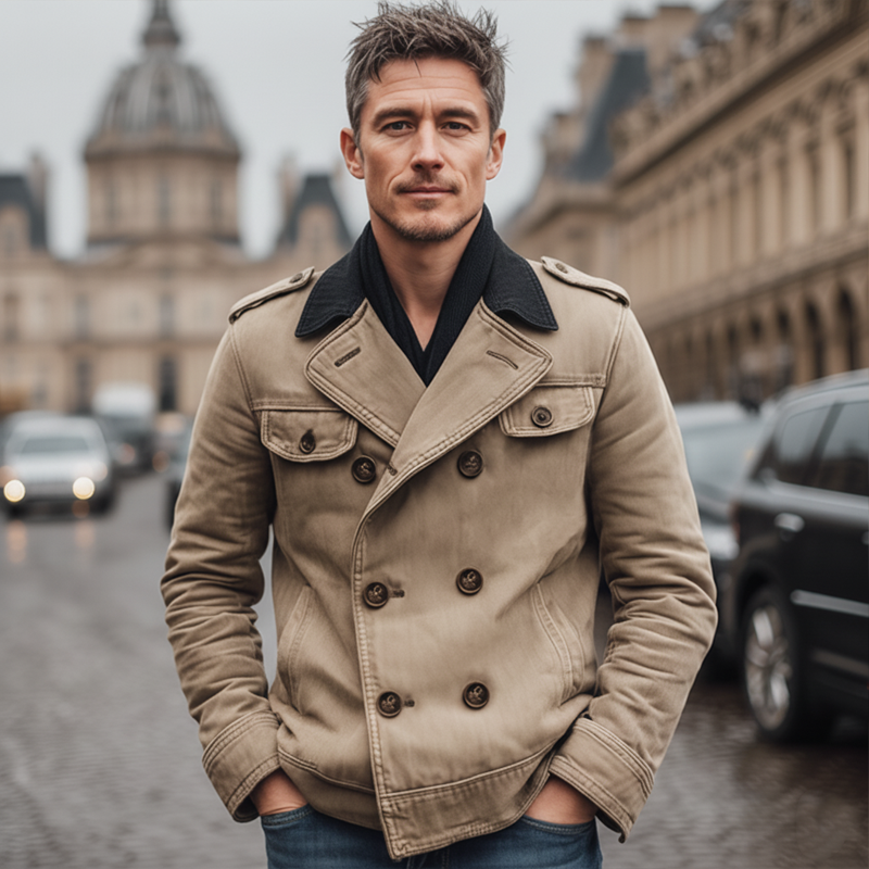 Men's Vintage Double Breasted Colorblock Collar Denim Jacket MTA1694J3U