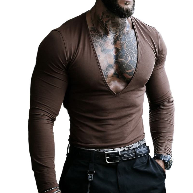 Men's Retro Casual Solid Color V-Neck Long Sleeve T-Shirt MTZ1455A0TO