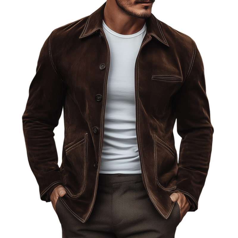 Men's Vintage Casual Solid Color Faux Suede Lapel Single Breasted Slim Fit Jacket MTA1203H8M
