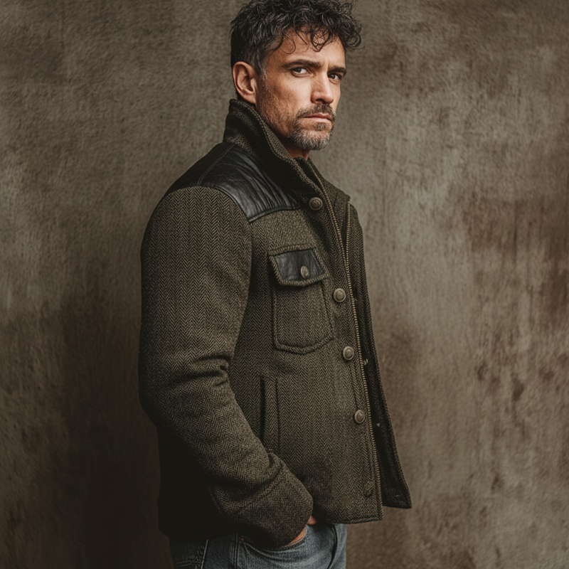 Men's Classic Stand-collar Herringbone Pattern Faux Wool And PU Leather Jacket MTA2000K1U