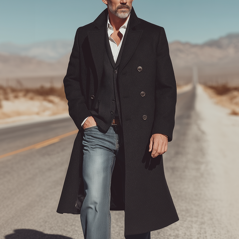 Men's Retro Light Business Solid Color Imitation Wool Long Warm Coat MTA1161I8P