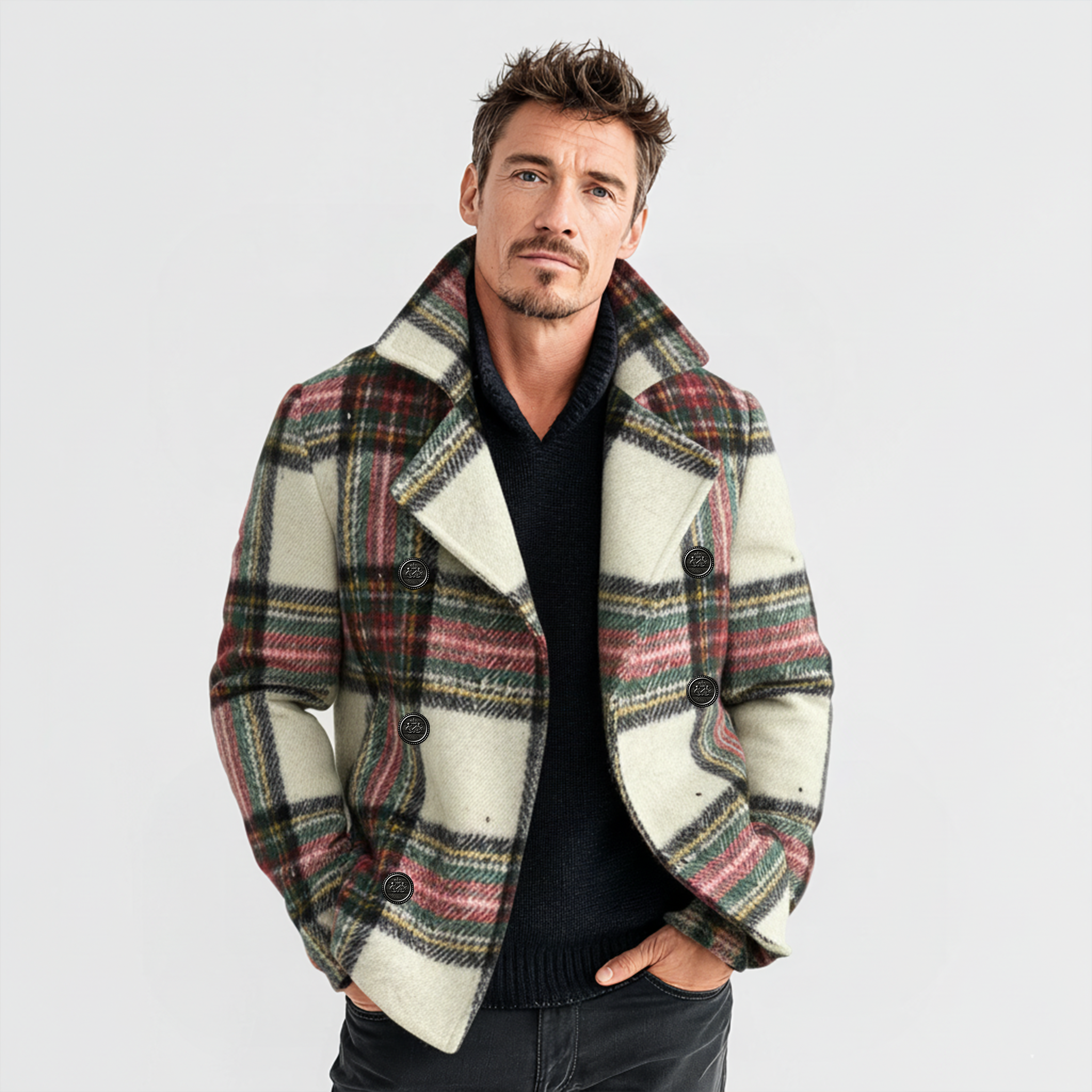 Men's Classic Lapel Christmas Party Plaid Wool Double Breasted Jacket MTA3025I3K