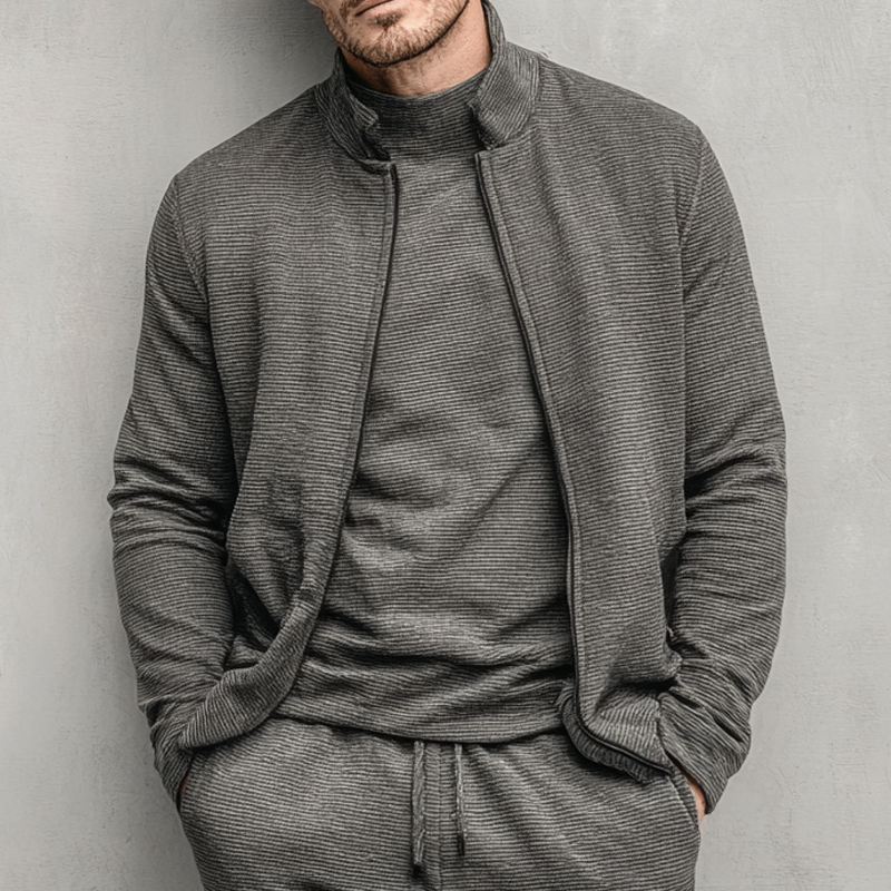 Men's Blended Stand-up Collar Striped Textured Jacket MTA2977K4X