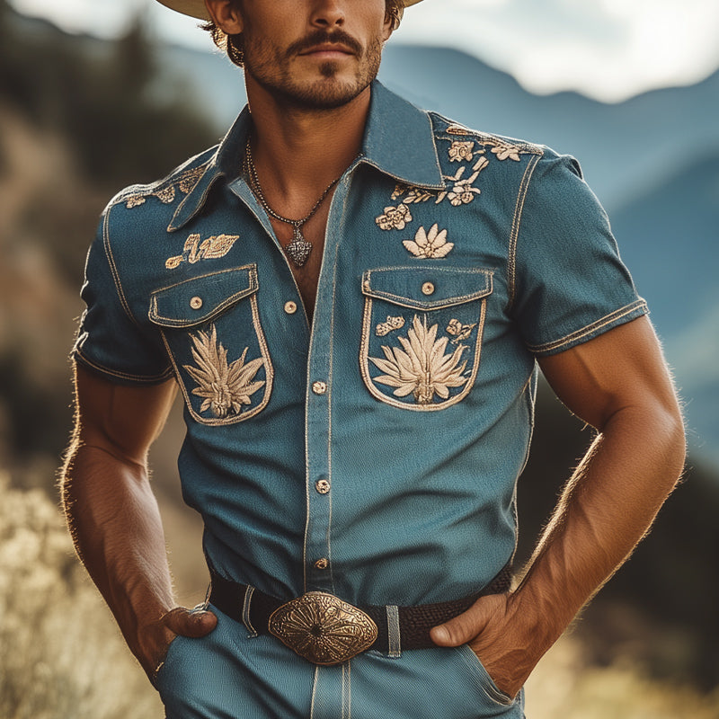 Men's Summer Vintage Embroidered Denim Short Sleeve Shirt MTA2905D8U