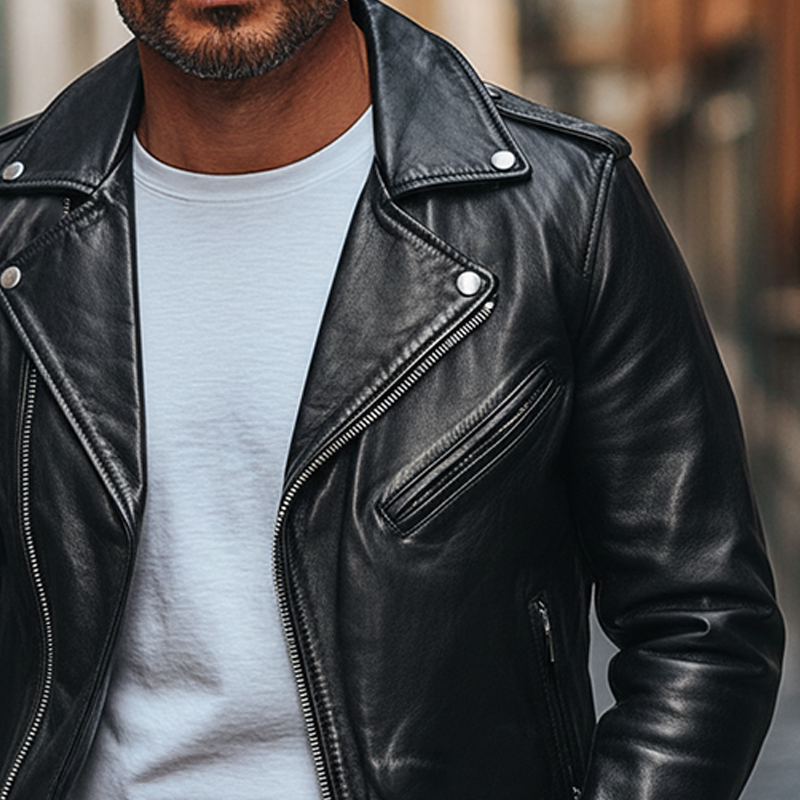 Men's Solid Color Slim Fit Lapel Motorcycle Style PU Zip-up Jacket MTA0520L7X