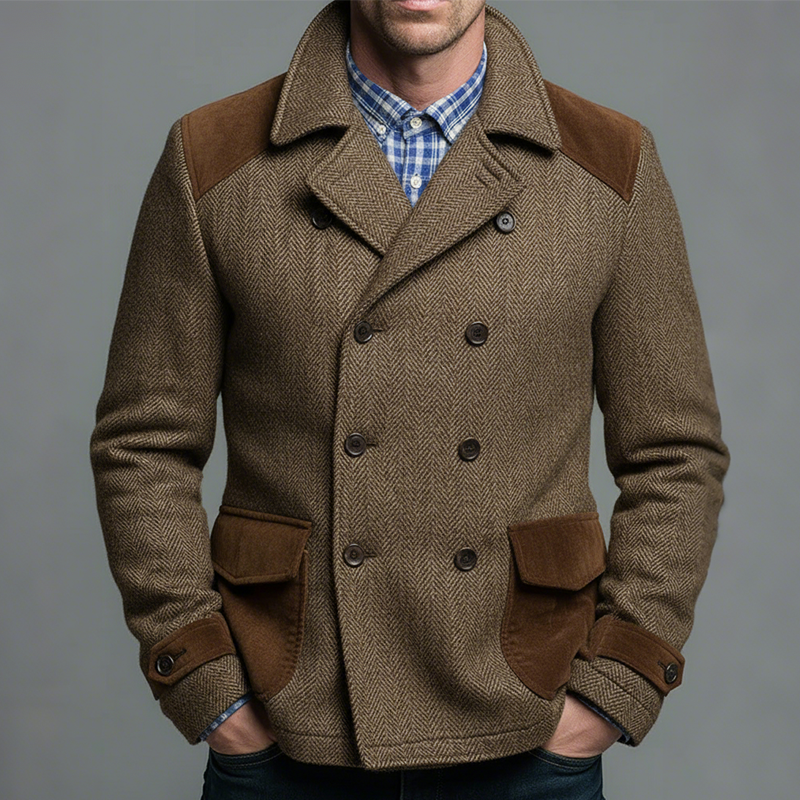 Men's Retro Casual Herringbone Pattern Double Breasted Lapel Jacket MTA2508I5TO