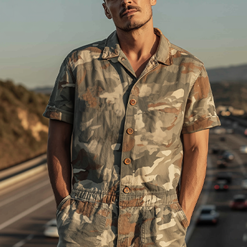 Men's Spring And Summer Fashion Casual Camouflage Cotton Blended Short Sleeve Shirt-style Jumpsuit MTA1007G4K
