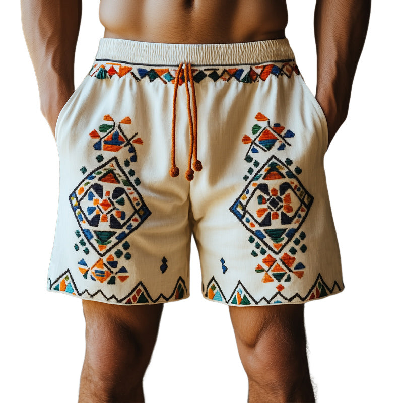 Men's Summer Cotton And Linen Retro Geometric Embroidery Shorts MTA0918E5U