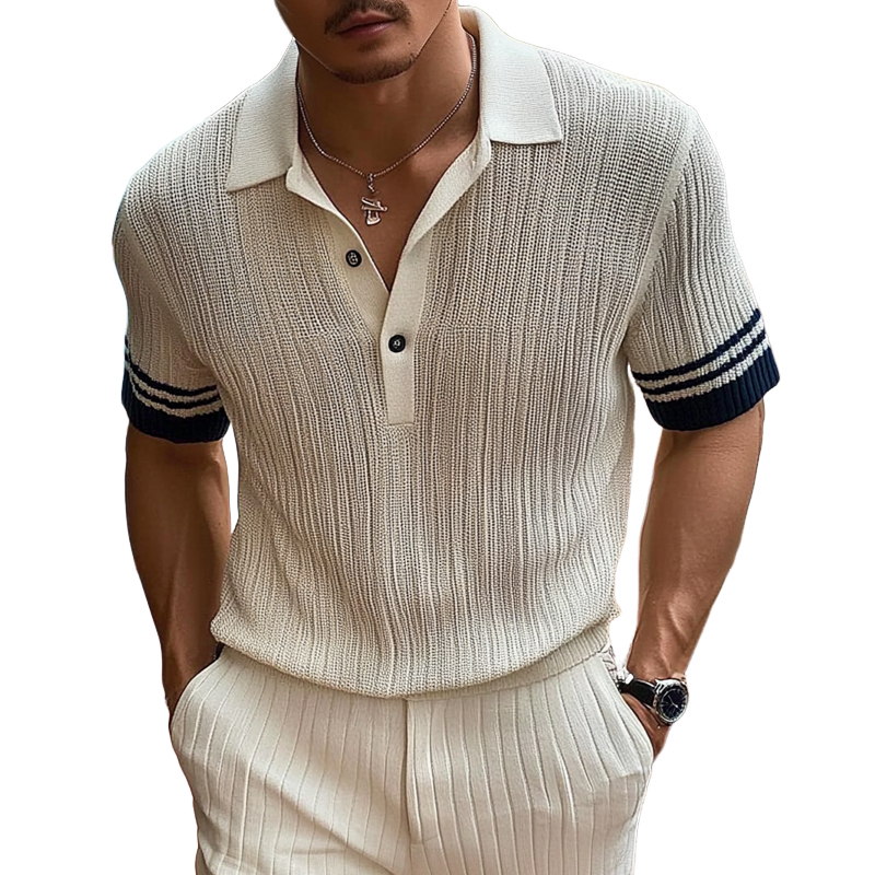 Men's Casual Contrast Lapel Slim Fit Short Sleeve Knitted Short Sleeve Polo Shirt MTA2462E2M