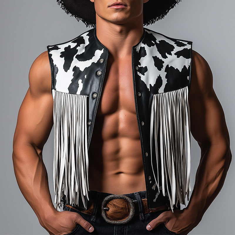 Men's Summer Western Cowboy Style Fringe Leather Vest MTA1459E7P