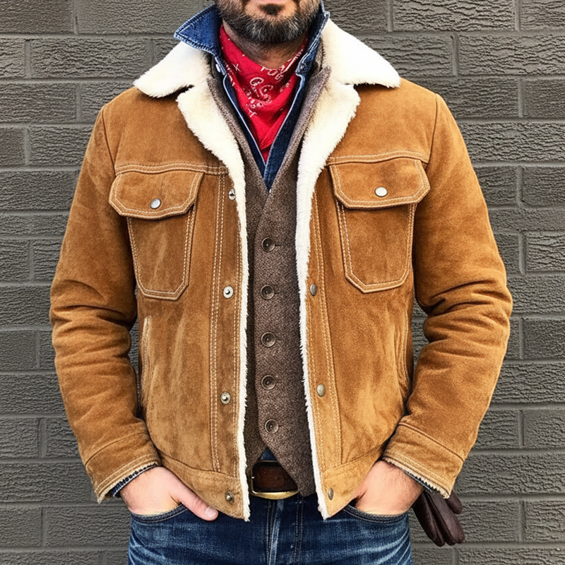 Men's Retro Camel Suede Faux Lambswool Warm Lined Jacket MTA1855K5U