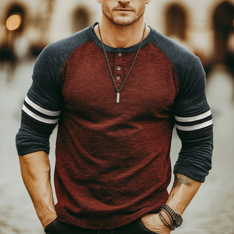 Men's Urban Cotton Blend Color Block Three-Button Henley Collar Long-Sleeve T-Shirt MTZ0797A2U