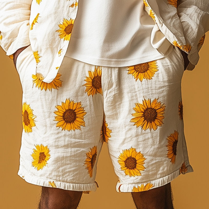 Herreshorts i bomull og lin med solsikketrykk, sommermote, MTA1792F9P