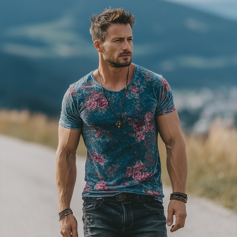 Men's Retro Casual Rose Print Velvet Round Neck Short Sleeve T-Shirt MTA1052G2TO