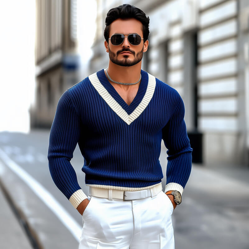 Men's Vintage Contrast V Neck Slim Fit Knit Long Sleeve Pullover Sweater MTA2709H9M