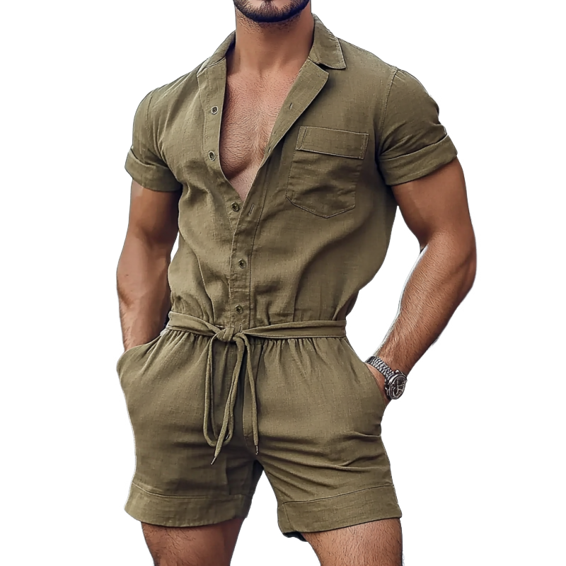 Herrejumpsuit med korte ermer og slag i bomull og linblanding, enkeltspent og belte, MTA2314F0Y