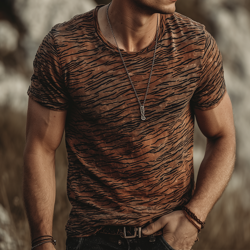 Men's Retro Casual Tiger Print Round Neck Short Sleeve T-Shirt MTA1716G6TO