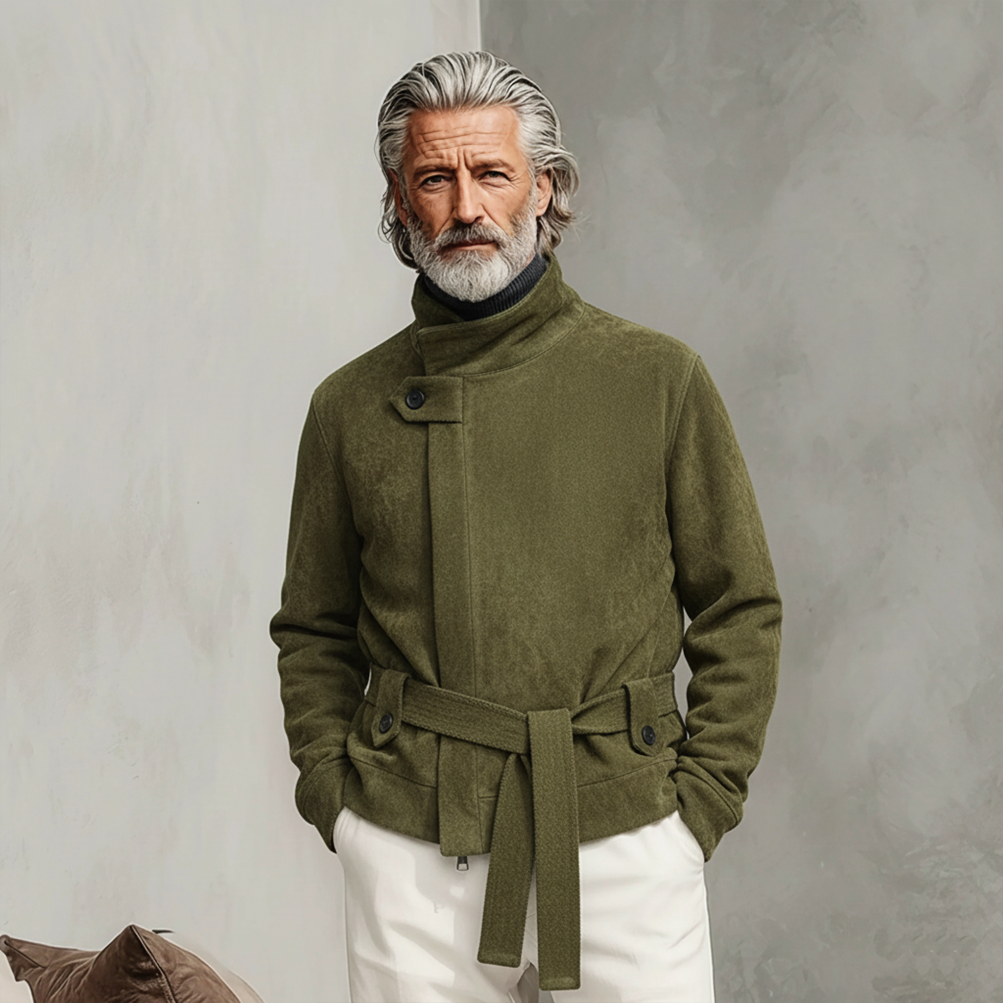 Men's Classic Retro Stand-up Collar Zip-up Slanted Placket Faux Suede Jacket (including Belt) MTA2590K9K