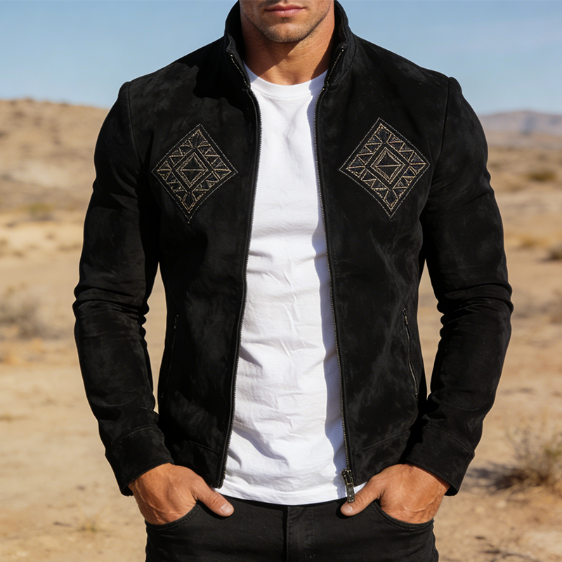 Men's Retro Casual Faux Suede Embroidered Zipper Stand Collar Jacket MTZ1235A3TO