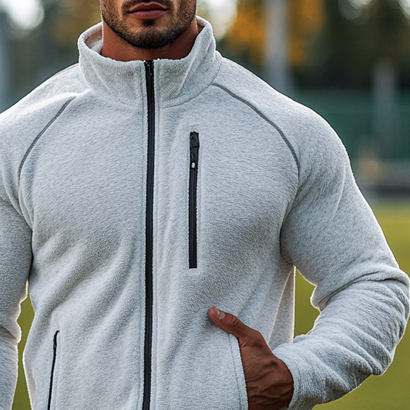 Men's Casual Sports Solid Color Polar Fleece Stand Collar Zipper Jacket MTA1365J3X