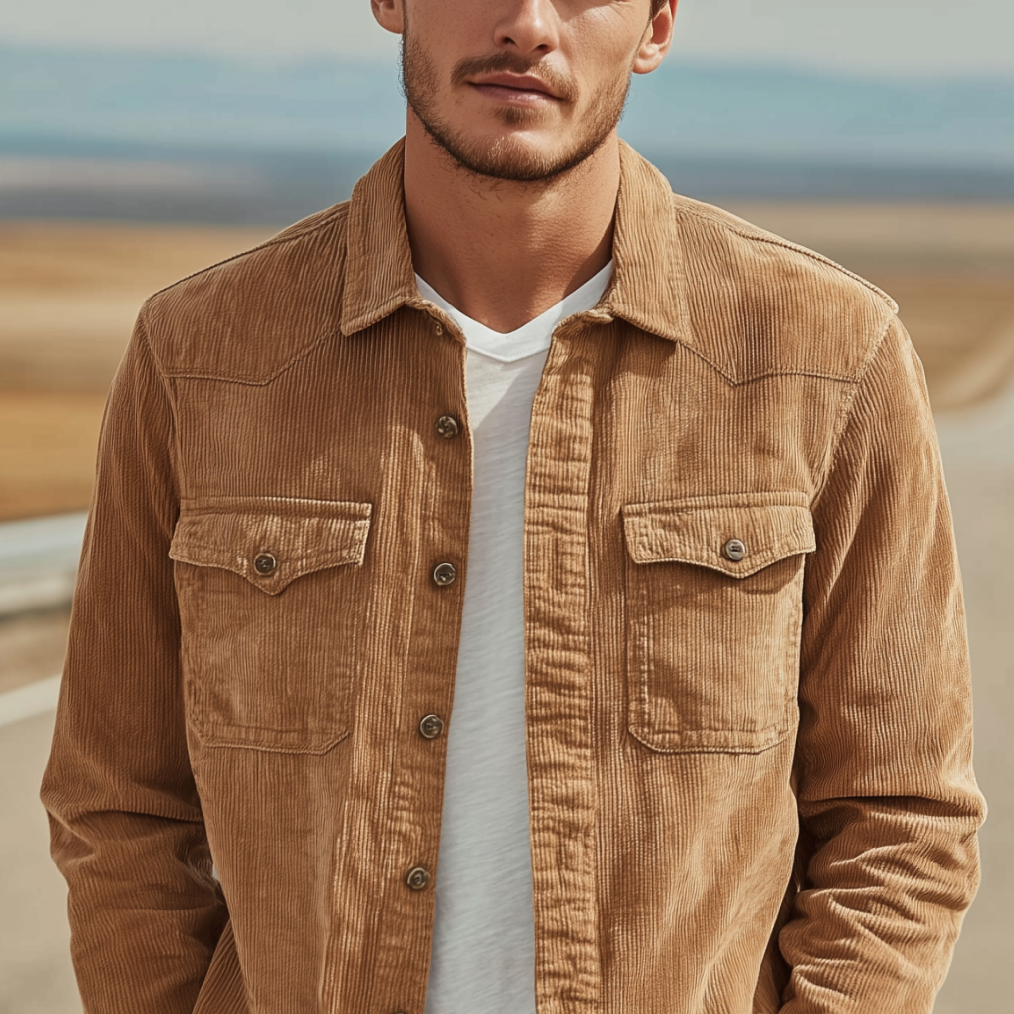 Men's Classic Casual Thin Corduroy Solid Color Multi-Pocket Long Sleeve Shirt MTA1882G9K