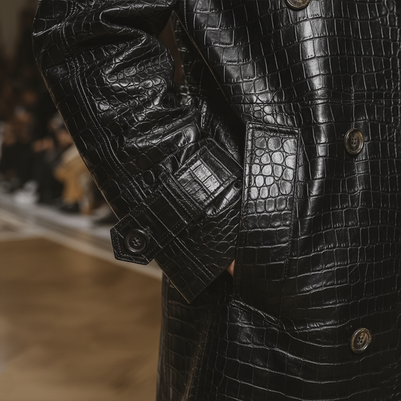 Men's Winter Retro Crocodile Pattern Shiny PU Long Coat MTA1432J7P