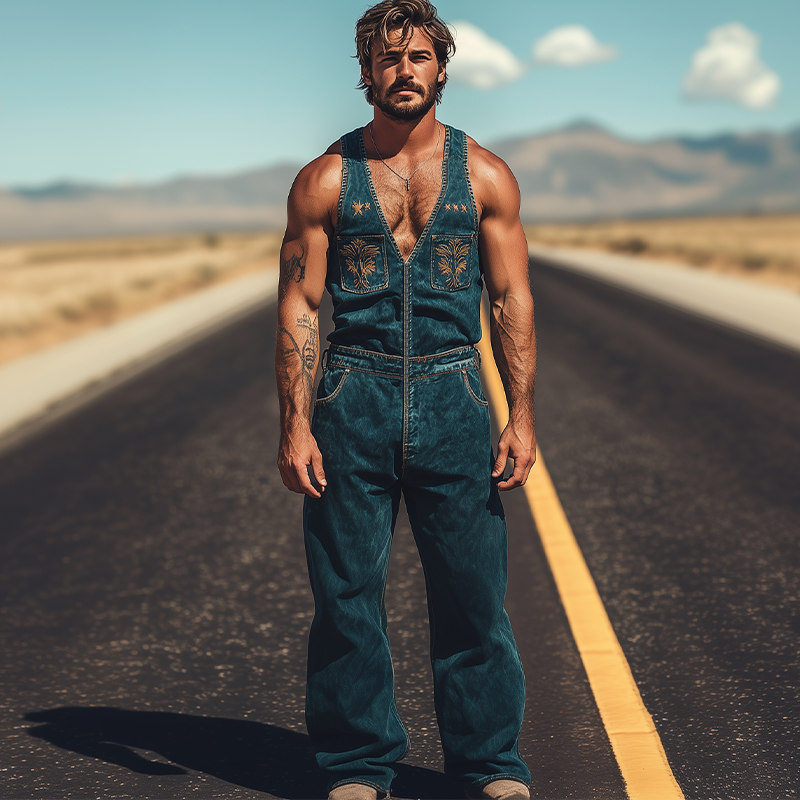 Men's Summer Fashion Retro Western Cowboy Style Denim Embroidery Jumpsuit MTA2880D2K