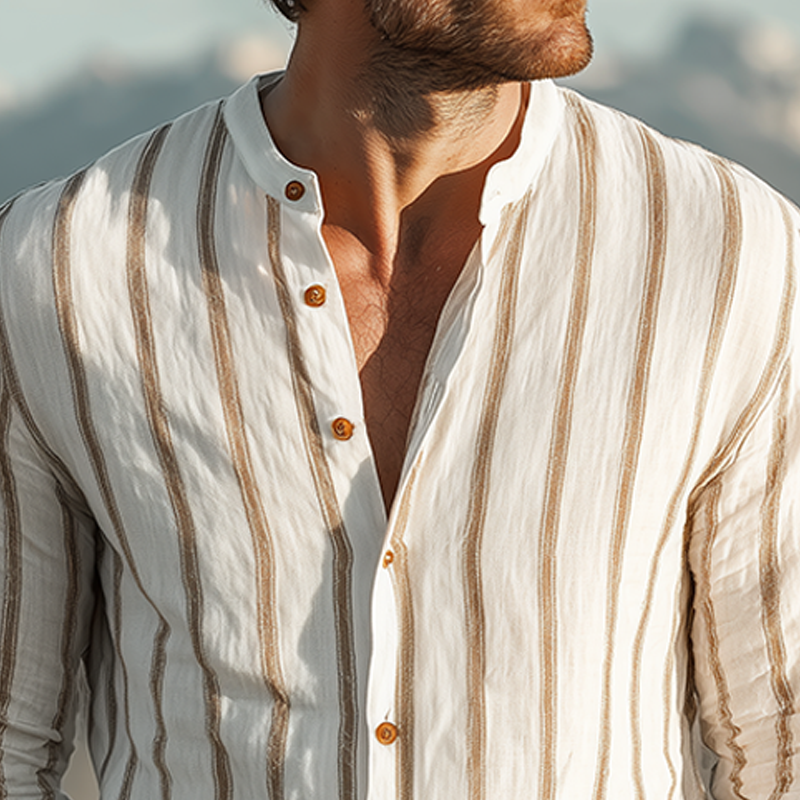 Men's Spring And Summer Classic Casual Stand-up Collar Tencel Cotton Blend Vertical Striped Long-sleeved Shirt MTA1164G9K