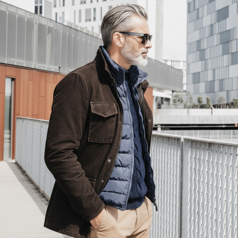 Men's Classic Dark Brown Lapel Zip-up Suede Jacket MTA1833K7U