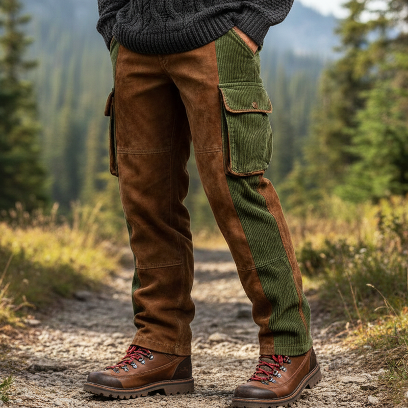 Men's Retro Suede And Corduroy Color-blocked Straight-leg Trousers MTA1034K6U