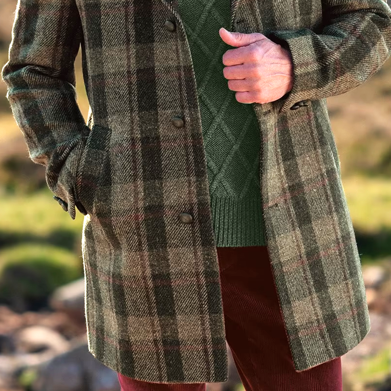 Men's Plaid Tweed Notch Lapel Single-Breasted Mid-length Coat MTA1638I9Z
