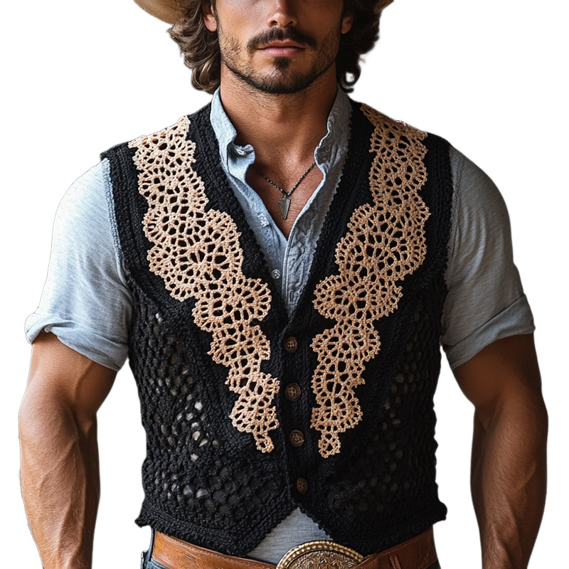 Men's Western Crochet Colorblock Single Breasted Vest MTA1330F4Y