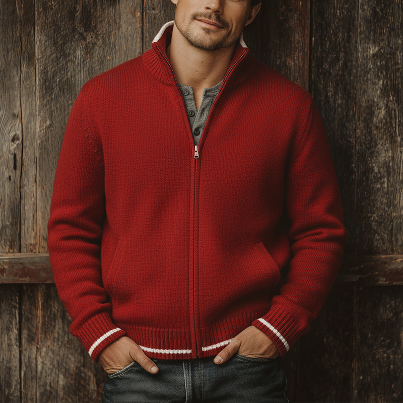 Men's Winter Fashion Cotton Yarn Knitted Simple Contrast Color Zipper Sweater Cardigan MTA1346J0P