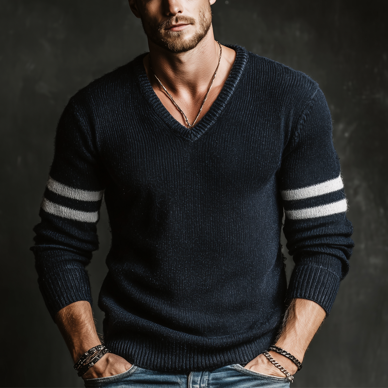 Men's Urban Style Navy Blue V-neck Slim-fit Knitted Sweater MTA0165L0U