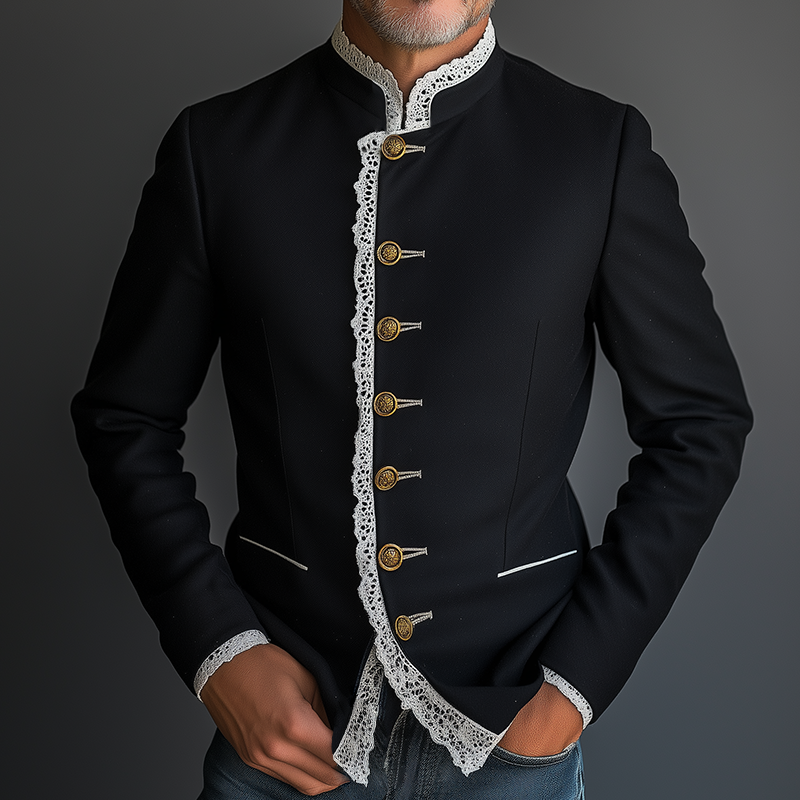Men's Retro Casual Lace-Trimmed Court Style Stand Collar Jacket MTA3057J1TO
